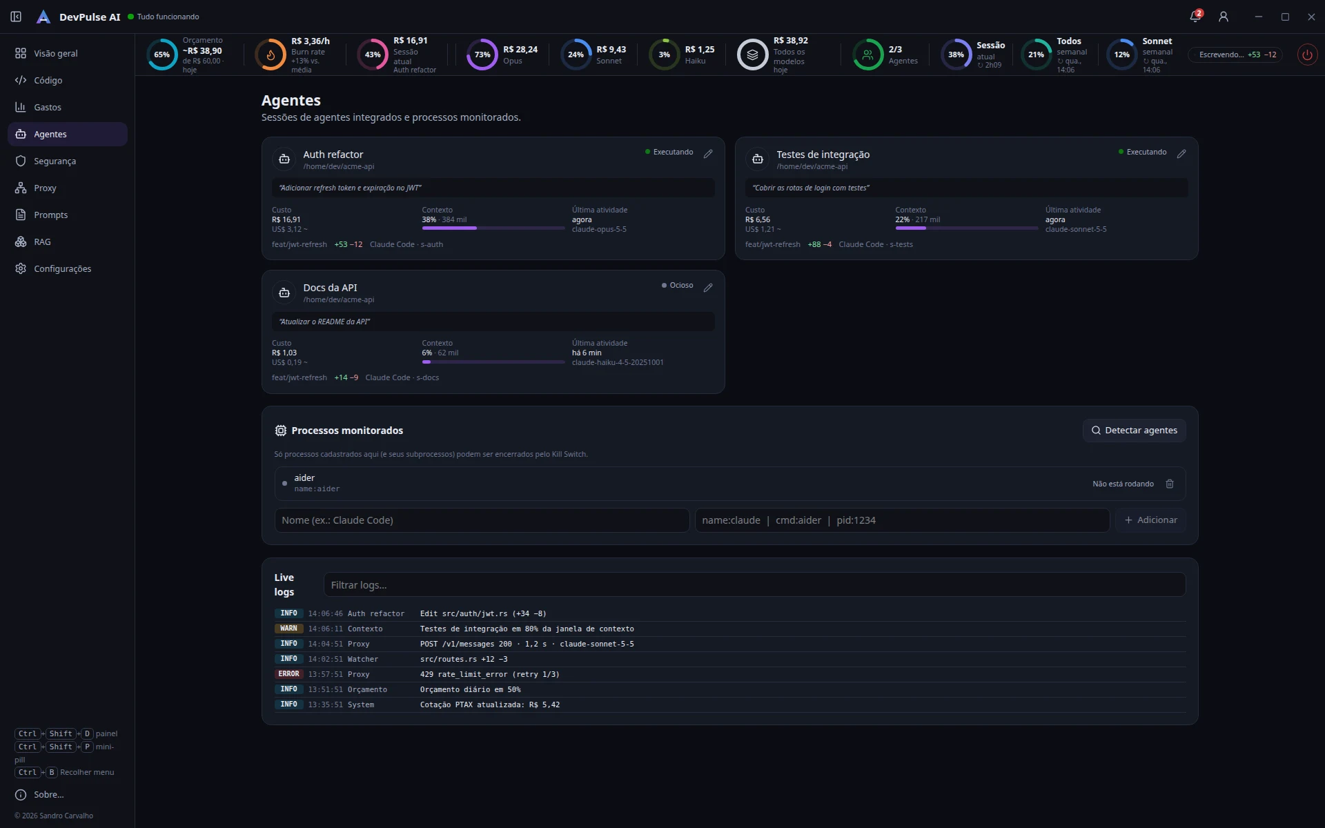 Agentes: sessões do Claude Code com contexto, custo e intenção